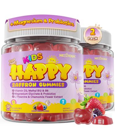 Happy Saffron Gummies for Kids Teen, Organic Saffron + Magnesium Glycinate Supplement with Probiotics, L-Theanine, Chamomile, D3, B6, B12 for Children's Focus & Mood, Calm, Sleep, Sugar Free, 120 Cts 60 Count (Pack of 2)