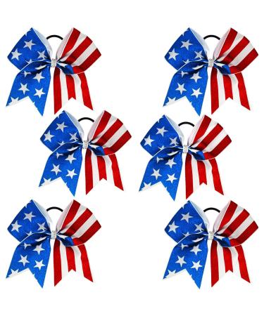 WeePaww 4th of July America Flag Glitter Cheer Hair Bows 8 Inch Patriotic Cheerleader Hair Bows with Elastic Ponytail Holder Stars and Stripes Hair Tie Band Independence Day Hair Accessories for Teens Kids  6Pcs