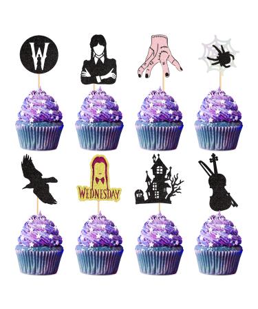 32 Pcs Wednesday Addams Happy Birthday Cake Decoration Glitter Wednesday Addams Cake Decoration Spider Web Thing Hand Wednesday Girls Cake Topper for Fantasy Horror Wednesday Children Birthday Party Black-32