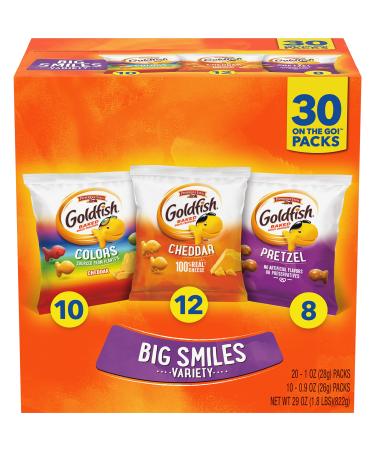 Goldfish Crackers Big Smiles Variety Pack with Cheddar, Colors, and Pretzels, Snack Packs, 30 Ct 30 Count (Pack of 1)