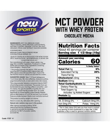 Now Foods MCT Powder with Whey Protein - Chocolate Mocha, 1 lb (454 g) | Sports Nutrition - Buy Online on GoSupps.com
