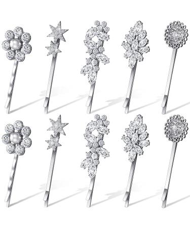 10 Pieces Crystal Hair Pin Vintage Rhinestone Bobby Pin Tone Hair Pins Star Hair Barrette Flower Leaf Feather Sunflower Hair Clips Metal Hair Accessories for Women Girls Hair Decoration (Silver)