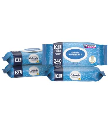 Cottonelle XL Flushable Wet Wipes, Adult Wipes Large, 4 Flip-Top Packs, 240 Total Flushable Wipes