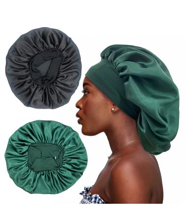 2PCS Large Satin Bonnet,Silk Bonnet Hair Wrap for Sleeping, Sleep Cap with Elastic Soft Band, Big Bonnets for Black Women Hair Care (Black, Hunter Green) Black,hunter Green