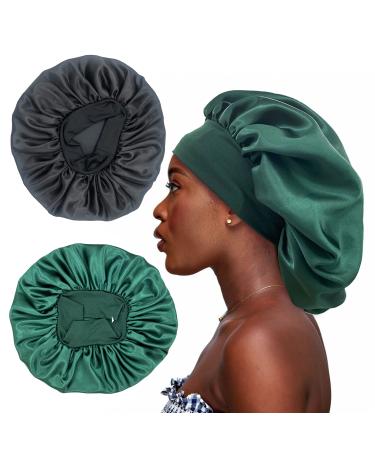2PCS Large Satin Bonnet,Silk Bonnet Hair Wrap for Sleeping, Sleep Cap with Elastic Soft Band, Big Bonnets for Black Women Hair Care (Black, Hunter Green) Black,hunter Green