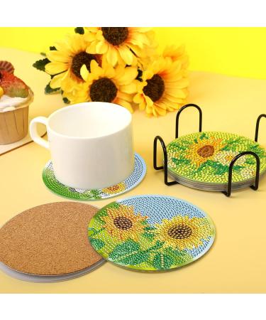 Sunflower Diamond Painting Coasters Set - 5D DIY Full Drill Art with Holder | 8 PCS Acrylic Round Cup Coaster for Home Decor and Crafts - Buy Online on GoSupps.com