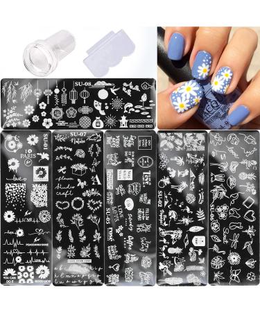 6 Pcs Nail Stamping Plates  with 1 Nail Stamper 1 Scraper Nail Stamp Template Chrysanthemum Coconut Tree Leaf Nail Art Templates Nail Stamper Stencil Plates Set Manicure Nail Supplies Flowers