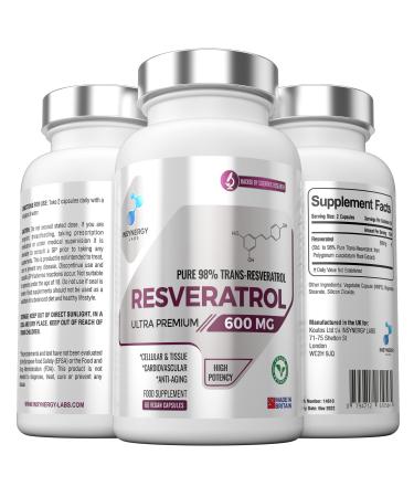 Ultra Premium Resveratrol 600mg | Highest Strength Trans Resveratrol in The UK | High Purity 98% Trans-Resveratrol Supplements | Anti-Aging & Antioxidant Support | 60 Vegan Capsules