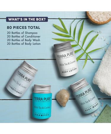 Terra Pure White Tea & Coconut Toiletries Set - 80 Piece Travel Amenities for Hotels Airbnb & Rentals | Hotel Shampoo Conditioner Body Wash & Lotion - Buy Online on GoSupps.com