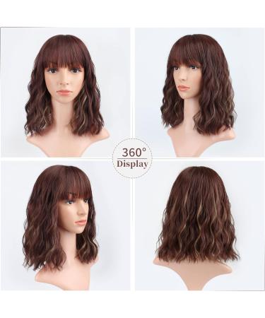FAELBATY Short Brown Highlight Gold Wig with Bangs | Shoulder Length Curly Wavy Bob Synthetic Wig for Women's Cosplay Costume (12 Inches, T33/27) - Buy Online on GoSupps.com