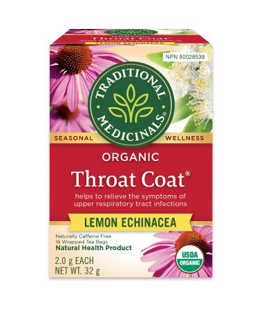 Traditional Medicinals - Organic Throat Coat Lemon Echinacea Herbal Tea (Pack of 1) - Helps Relieve Symptoms of Upper Respiratory Tract Infection - Sustainably Sourced Fair Wild Ingredients - 16 Tea Bags Total Throat Coat Lemon Echinacea 16 Count (Pack of