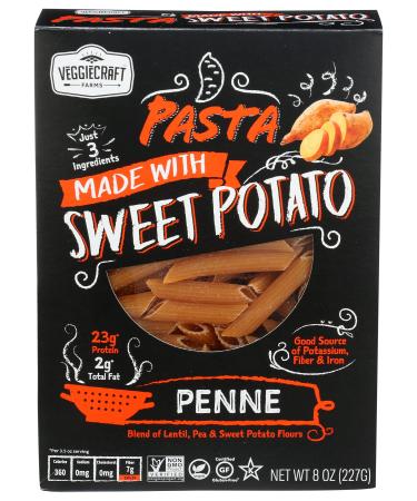 Veggiecraft Farms Penne Pasta Made With Lentil, Peas, & Sweet Potato - Vegan Penne Pasta, Sweet Potato Penne, Gluten Free, Kosher, Vegan, Non-GMO Verified, Penne Pasta, Veggies In Every Bite - 8 Oz