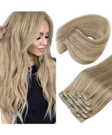 Sunny Clip in Hair Extensions Real Human Hair 20inch 7pcs 120g Blonde Highlights Clip in Human Hair Extensions Double Weft Dark Ash Blonde Mixed Golden Blonde Hair Extensions Real Human Hair Straight 20 Inch (Pack of 1) A-