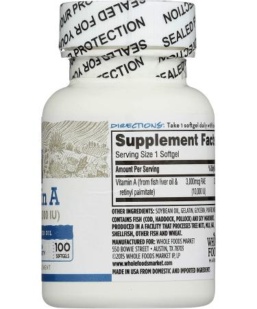 Whole Foods Market Vitamin A 10K IU 100 Softgels - High-Potency Supplement for Immune Health - Buy Online on GoSupps.com