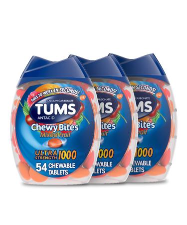 TUMS Chewable Bites Ultra Strength Antacid Tablets for Heartburn and Acid Reducer Indigestion Relief, Mixed Fruit, Blue, 54 Count, Pack of 3