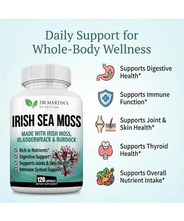 2625mg Irish Sea Moss Supplement 120 Capsules | SeaMoss Bladderwrack Burdock Root Capsules | Contain 92 Vitamins & Minerals For Immunity Gut Joint & Skin Health | Support Thyroid Energy & Digestion - Buy Online on GoSupps.com