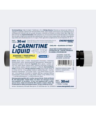 Buy Energybody L-Carnitine Liquid Plus - 20x30ml | Boost Fat Metabolism with Choline & Guarana | International Shipping Available - Buy Online on GoSupps.com