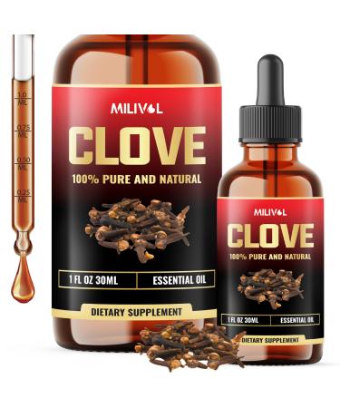 MILIVOL Clove Oil for Teeth and Gums- 10% Pure Natural Clove Essential Oil for Toothache, Sore Muscles, Skin & Hair Care - Soothing Clove Bud Essential Oil - 1Fl Oz