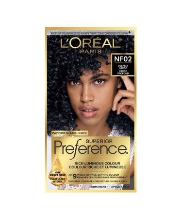 L Or al Paris Superior Preference 9 weeks of Luminous Fade-Defying Permanent Hair Dye NF02 Deepest Indigo 100% Grey Coverage 1 Hair Dye Kit (Packaging May Vary) Deepest Indigo 1 Count ( Pack Of 1 )
