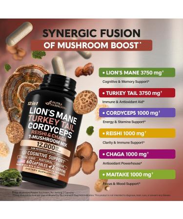 Mushroom Supplement - Organic Lions Mane | Turkey Tail | Chaga | Cordyceps | Reishi | Maitake | Shiitake | Meshima | Tremella | Oyster | Agaricus - Made in USA - Non GMO Gluten Free - 60 Capsules 60 Count (Pack of 1) - Buy Online on GoSupps.com