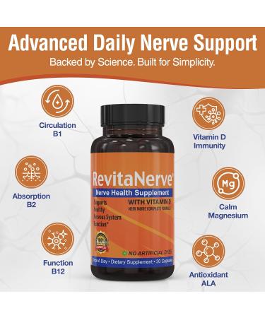 RevitaNerve Nerve Support Supplement with 300mg Alpha Lipoic Acid Vitamin D3 Vitamin B1 B2 B6 B12 & Magnesium Glycinate One-per-Day Neuropathy Supplement Daily Nutrient Blend 30 Capsules - Buy Online on GoSupps.com