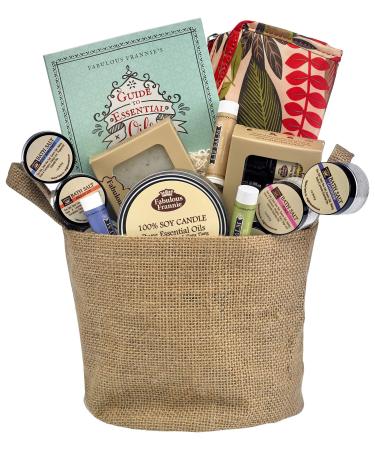 Fabulous Frannie Ultimate Relaxation Gift Basket Includes 3pk 10ml Blends Travel Bag 6pk 1oz Bath Salt 6oz Candle 4oz Soap Soap Sack 15oz Lip Balm Trio and Frannie's Guide to Essential Oils