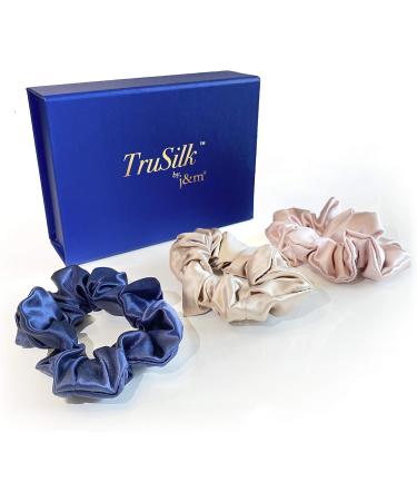 TruSilk 100% Mulberry Silk Scrunchie Gift Set by j&m | Box of 3 Medium Scrunchies - Champagne Pink & Navy | The Purest Silk with Strong Long-Lasting Elastic - Buy Online on GoSupps.com