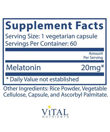 Vital Nutrients Melatonin 20mg - 60 Vegetarian Capsules for Sleep Support - Buy Online on GoSupps.com