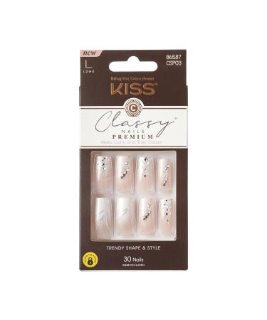 KISS Classy Premium Press On Nails 'Stunning!' French Long Length Square Shape Includes 30 Fake Nails 2g Pink Gel Nail Glue 1 Manicure Stick 1 Mini File