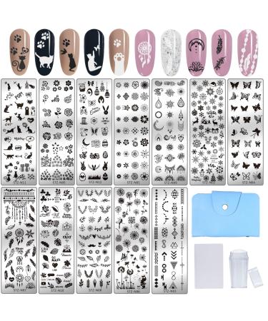 NICENEEDED 15PCS Nail Art Stamping 12 Plate 1 Stamper 1 Scraper and 1 Storage Bag Nail Stamp Plates Animal Image Template Tools for Nails Decoration Professional DIY Salon 12PCS