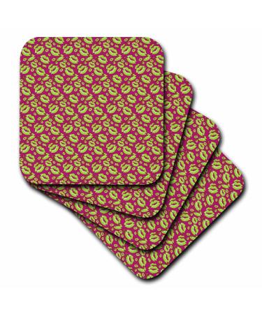 Set of 8 Coasters - Soft - Two Kisses Collided Lip Smacking Lime Colored Lips Pattern Pattern - Lipstick Kisses