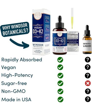 WINDSOR BOTANICALS Vitamin D3 K2 Liquid Supplement - Vegan, Heart & Immune Support - D3 1000iu, K2 MK-7 25mcg, Organic Olive Oil Drops - 90 Servings - Buy Online on GoSupps.com