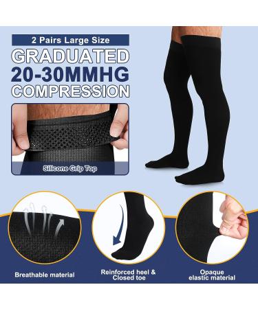 2 Pairs Men's Thigh High Compression Socks 20-30 mmHg with Silicone Grip - Ideal for Swelling, Dress Socks for Men - Closed Toe, Large - Buy Online on GoSupps.com