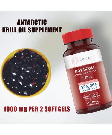Premium Krill Oil Omega 3 6 9 Supplement - 60 Burpless Red Softgels with EPA, DHA, Astaxanthin - 1000mg per Serving, No Fishy Aftertaste - Buy Online on GoSupps.com