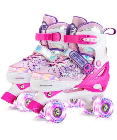 HYKID Kids' Adjustable Roller Skates with Luminous Light Up Wheels, Indoor Outdoor Skating Shoes for Girls Boys Toddler, Trimmable Insole Included Sweet Doggie Medium - (US Size 1-4)