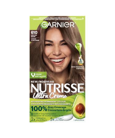 Garnier Nutrisse Ultra Cr me Permanent Hair Dye 100% Grey Coverage Vegan Formula Nourished Hair Long-Lasting Rich Colour 610 Light Ash Brown 1 Application Packaging May Vary BROWN SHADES 610 Light Ash Brown