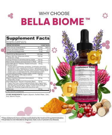 Liquid Probiotics for Women Drops with Chasteberry Black Cohosh Prebiotics Digestive Enzymes Evening Primrose Oil Wild Yam Cranberry Dmannose and Iron Vitamin D3 K2 Clean Nutra Bella Biotics (2) - Buy Online on GoSupps.com