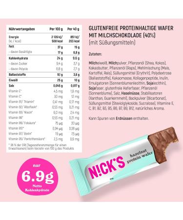 Nicks Protein Wafer Bar Hazelnut - Low Carb 25% Protein 203 Calories - Gluten-Free Chocolate Snack (9 Pack x 40g) - No Added Sugar - Buy Online on GoSupps.com