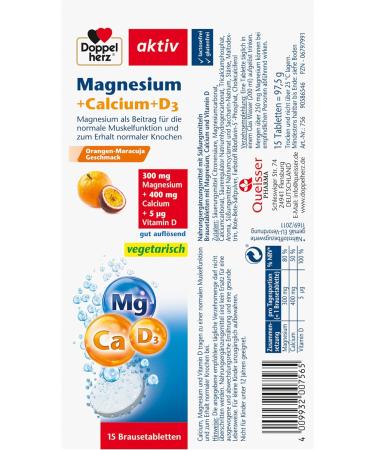 Double Heart Magnesium + Calcium + D3 - Effervescent Tablets for Muscle Function & Bone Health - 15 Orange-Maracuja Flavor - Buy Online on GoSupps.com