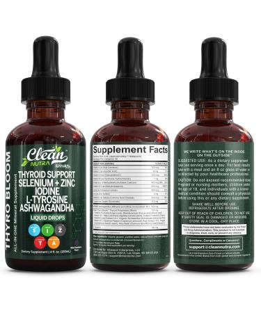Clean Nutra Thyroid Support Drops Selenium Zinc Iodine L Tyrosine KSM66 Ashwagandha Vitamin D3 B12 A C Turmeric Kelp Schisandra Guggul Cayenne Basil Liquid Supplement Folate Copper Thyro Bloom Drop Wild Berry - Buy Online on GoSupps.com