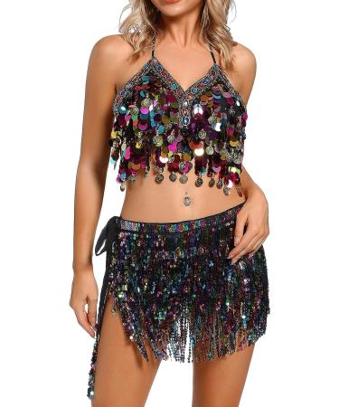 Women's Black Sequins Belly Dance Halter Top Bra with Coins - Halloween Rave Costume One Size - Buy Online on GoSupps.com