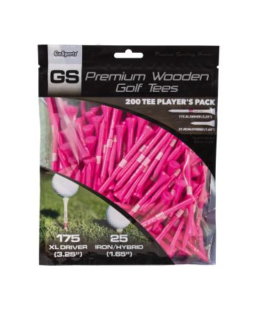 GoSports 3.25 Inch XL GS Tour Tee Premium Wooden Golf Tees - 200 XL Tee Player's Pack Driver and Iron/Hybrid Tees, Choose Your Tee Color XL Pink