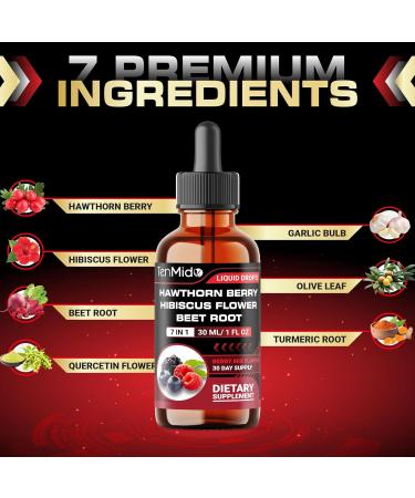Tenmido Hawthorn Berry Extract Liquid Drops - 7in1 with Hibiscus Beet Root Quercetin Garlic Olive Leaf and Turmeric - Vegan Non-GMO - 30 ml 1 Fl Oz - Buy Online on GoSupps.com