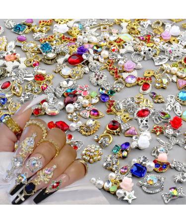 Dornail 50pcs Gold Nail Charms for Acrylic Nails Silver Rhinestones for Nails Mix Styles 3D Nail Rhinestones Metal Nail Gems Alloy Zircon Nail Crystals Nail Jewels Nail Decorations for Nail Art Charms