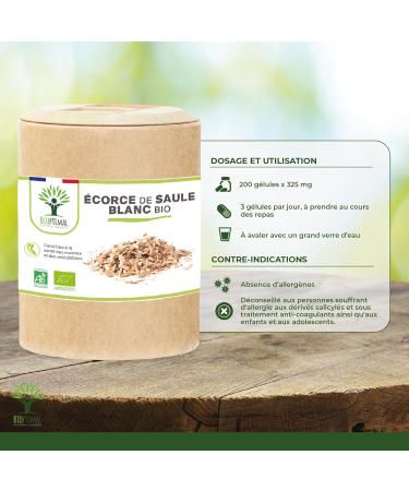Organic willow - Bioptimal - Food supplement - White willow bark - Natural Aspirin - Salicylic acid - Anti pain & inflammatory - Made in France - Certified by Ecocert - 200 capsules - Buy Online on GoSupps.com
