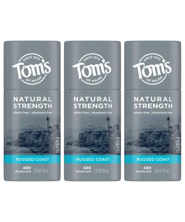 Tom's of Maine Natural Strength Plastic-Free Aluminum-Free Deodorant for Men, Rugged Coast, 2 oz. 3-Pack (Packaging May Vary) Rugged Coast; Plastic Free 2 Ounce (Pack of 3)