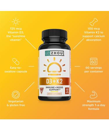 Zhou Nutrition K2 + D3 2-in-1 Support - 60 Veggie Capsules for Bone & Immune Health - Buy Online on GoSupps.com