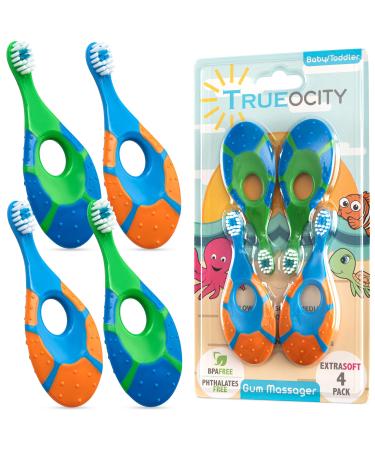 Trueocity Baby Toddler Toothbrush 4 Pack Soft Bristles Teething Finger Handle Toothbrushes for 0-2 Years - Training First Set (Blue Green Orange) - BPA Free