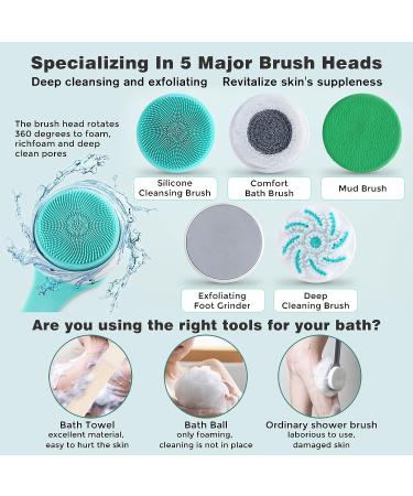 AZKSUN Electric Shower Brush Set - Body Scrubber, Facial Brush, Exfoliator with 5 Shower Heads (White) - Buy Online on GoSupps.com