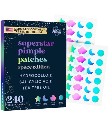 LivaClean 240 CT Holographic Cute Acne Patches - Space Edition w/Salicylic Acid & Tea Tree Oil for Face - Hydrocolloid Star Pimple Patches 240 CT Holographic Patches